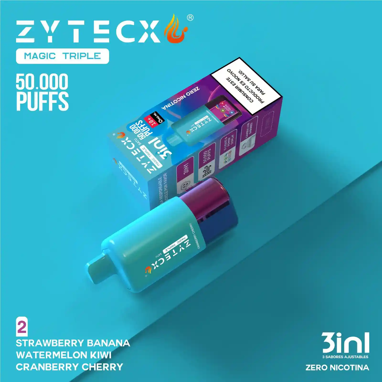 Zytecx Vaper Triple Sabor 50000 Puffs Strawberry Banana x Watermelon Kiwi Cranberry Cherry