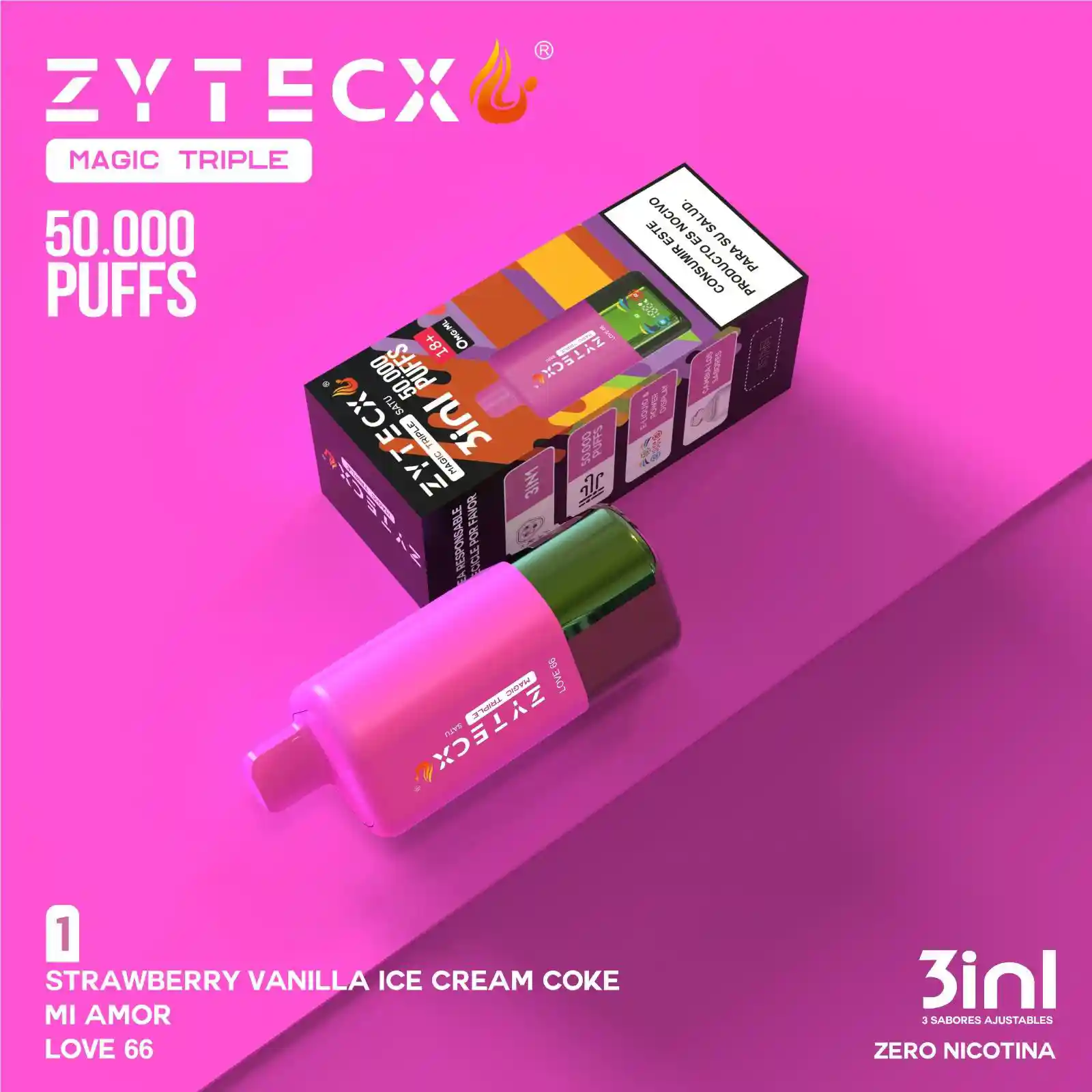 Zytecx Vaper Triple Sabor 50000 Puffs Strawberry Vanilla Ice Cream Coke x Mi amor x Love 66