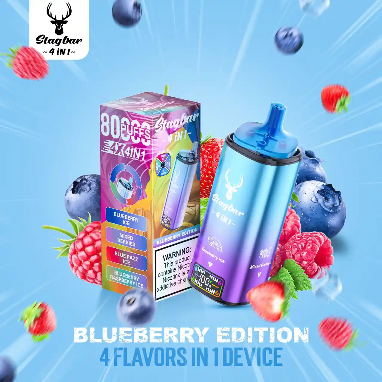 STAG BAR Vaper 4 Sabores en 1 Dispositivo 80000 Puffs Blueberry Edition . Vaper 4 sabores 80000 Puffs
