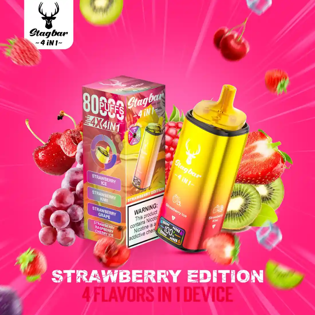 vaper 80000 puffs 4 sabores en 1 dispositivo STAG BAR Strawberry Edition 4 sabores en 1 . Vaper desechable 80000 Puffs de 4 sabores en 1 dispositivo