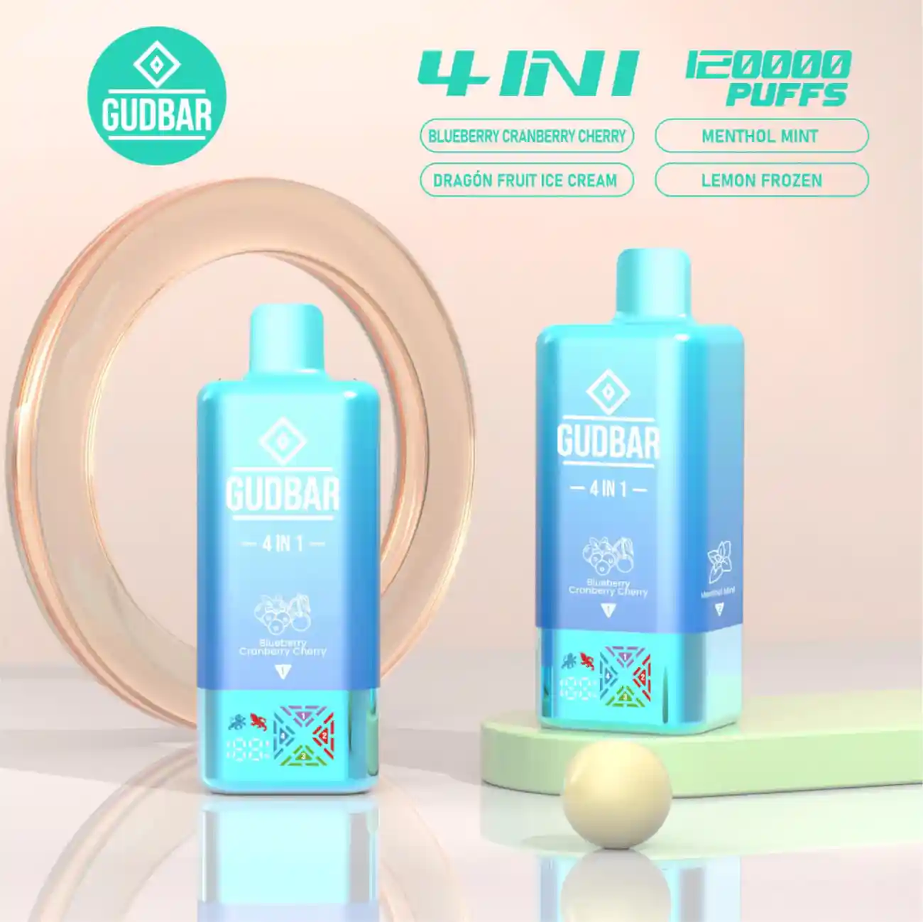 Gudbar Vaper Desechable 4 Sabores en 1 Dispositivo 120000 Puffs (0mg) Blueberry Cranberry Cherry, Menthol Mint, Dragón Fruit Ice Cream, Lemon Frozen