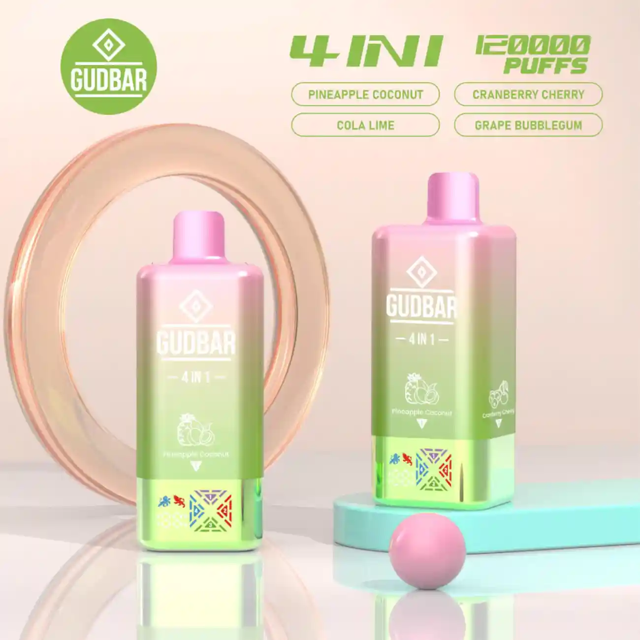 Gudbar Vaper Desechable 4 Sabores en 1 Dispositivo 120000 Puffs, Pineapple Coconut, Cola Lime, Cranberry Cherry, Grape Bubblegum