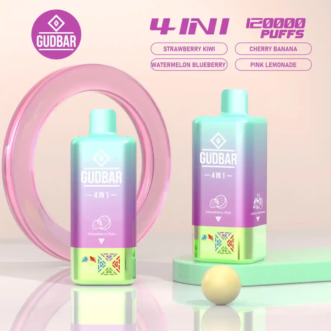 Gudbar Vaper Desechable 4 Sabores en 1 Dispositivo 120000 Puffs, Strawberry Kiwi, Watermelon Blueberry, Cherry Banana, Pink Lemonade