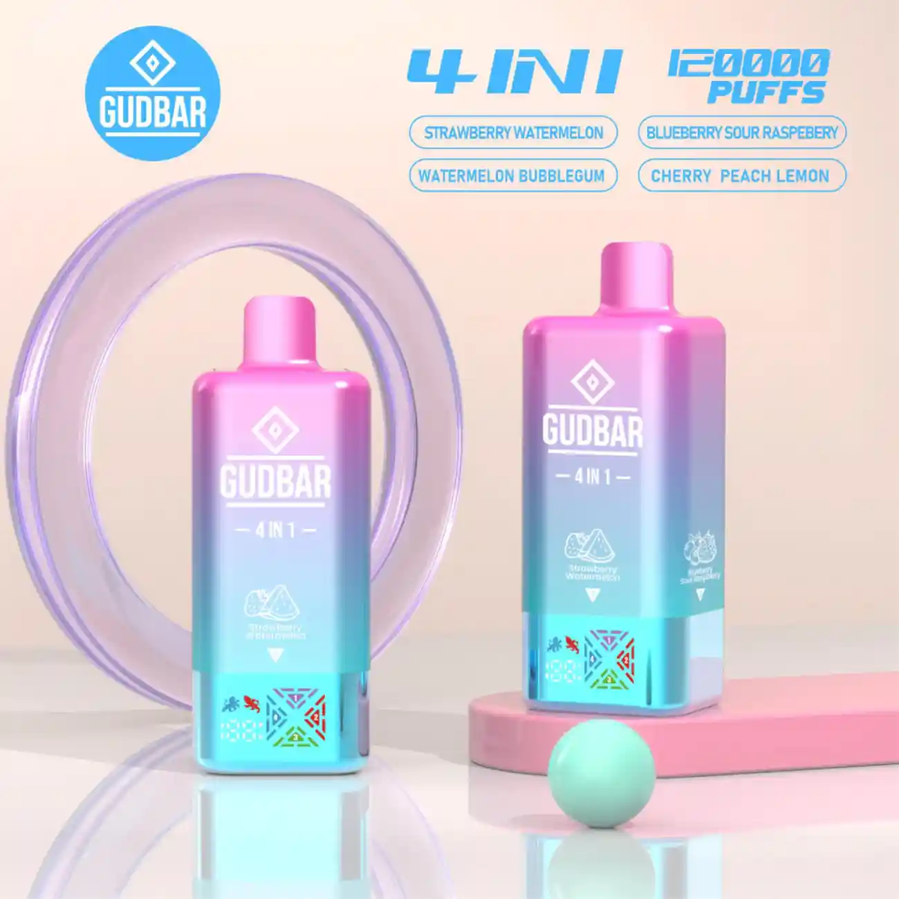 Compra el nuevo Gudbar Vaper Desechable 4 Sabores en 1 Dispositivo 120000 Puffs , Strawberry Watermelon, Watermelo Bubblegum, Blueberry Sour Raspberry, Cherry Peach, Lemon