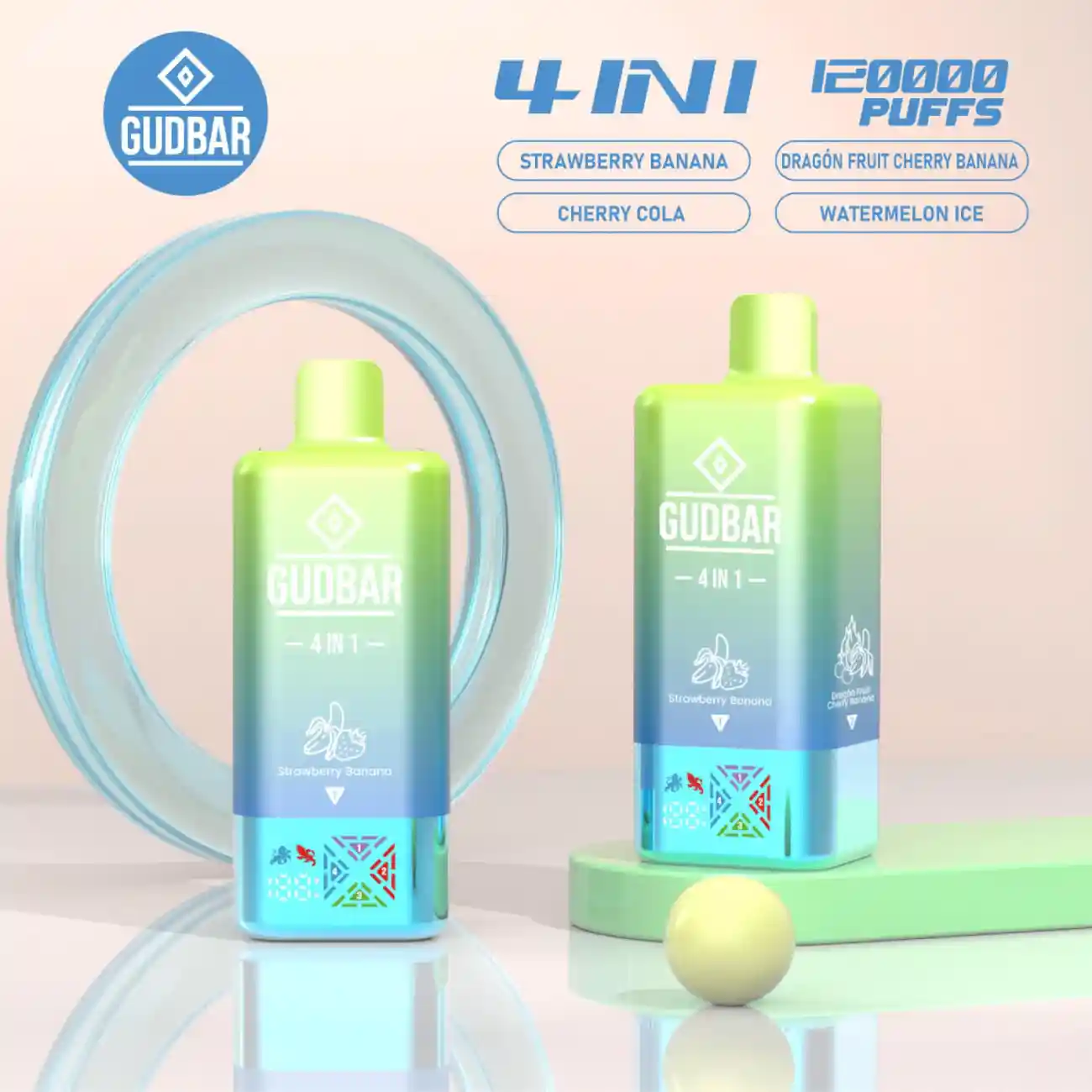 Gudbar Vaper Desechable 4 Sabores en 1 Dispositivo 120000 Puffs , Strawberry banana , cherry cola , Dragón fruit cherry banana , watermelon ice