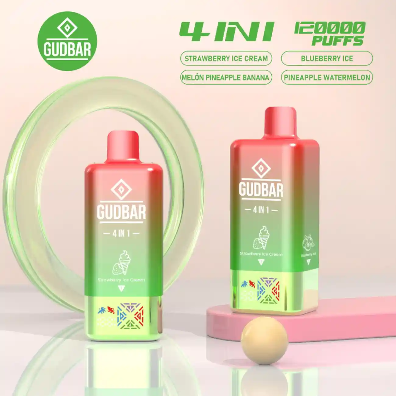 Compra el nuevo Gudbar Vaper Desechable 4 Sabores en 1 Dispositivo 120000 Puffs, Strawberry ice Cream, Melon Pineapple Banana, Blueberry Ice, Pineapple Watermelon