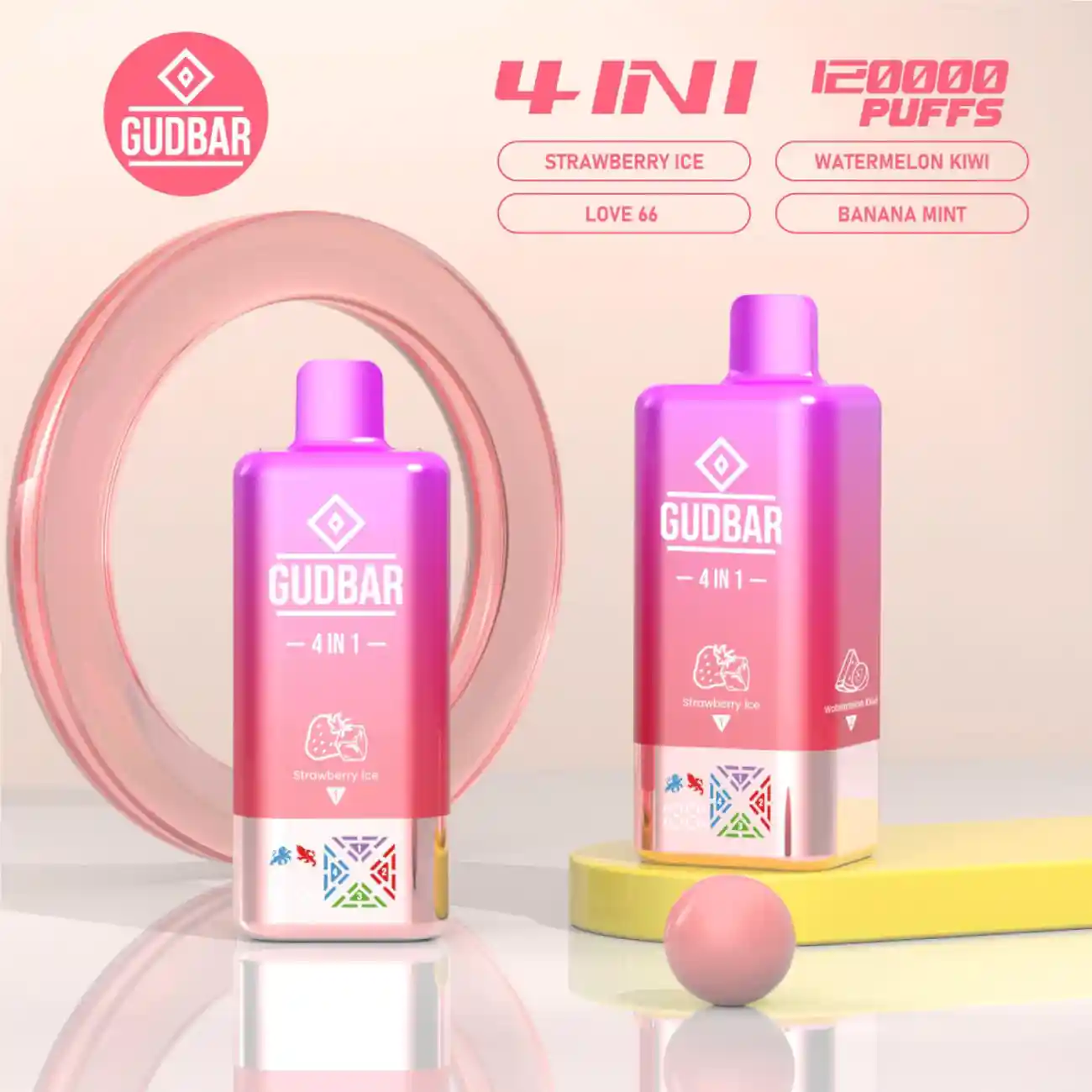 Gudbar Vaper Desechable 4 Sabores en 1 Dispositivo 120000 Puffs Strawberry ice, Love 66, Watermelon kiwi, Banana Mint