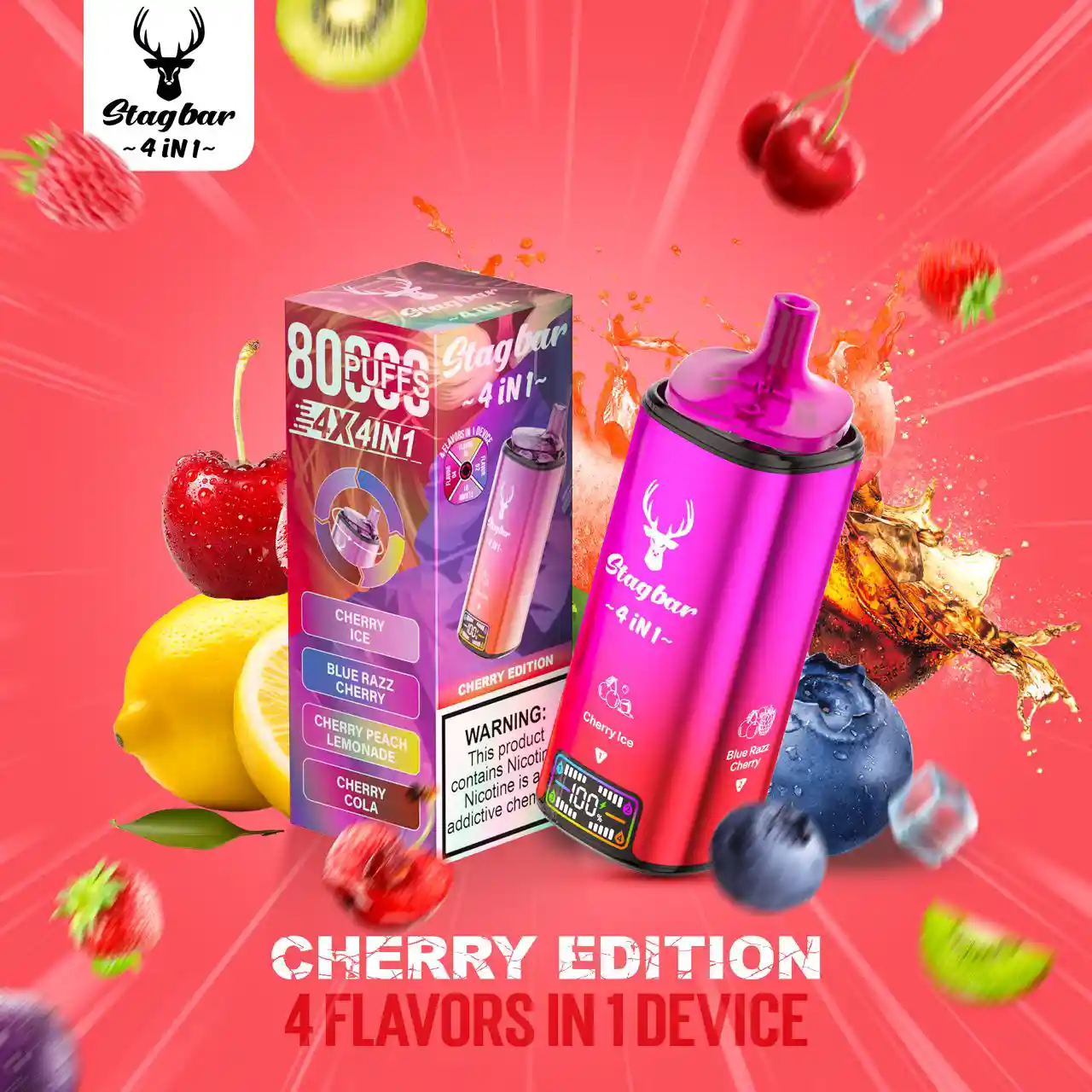 STAG BAR Vaper 4 Sabores en 1 Dispositivo 80000 Puffs Cherry Edition