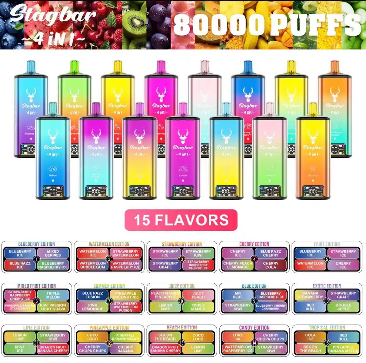 Catálogo vaper desechable stag bar 80000 puffs 4 sabores en 1 dispositivo