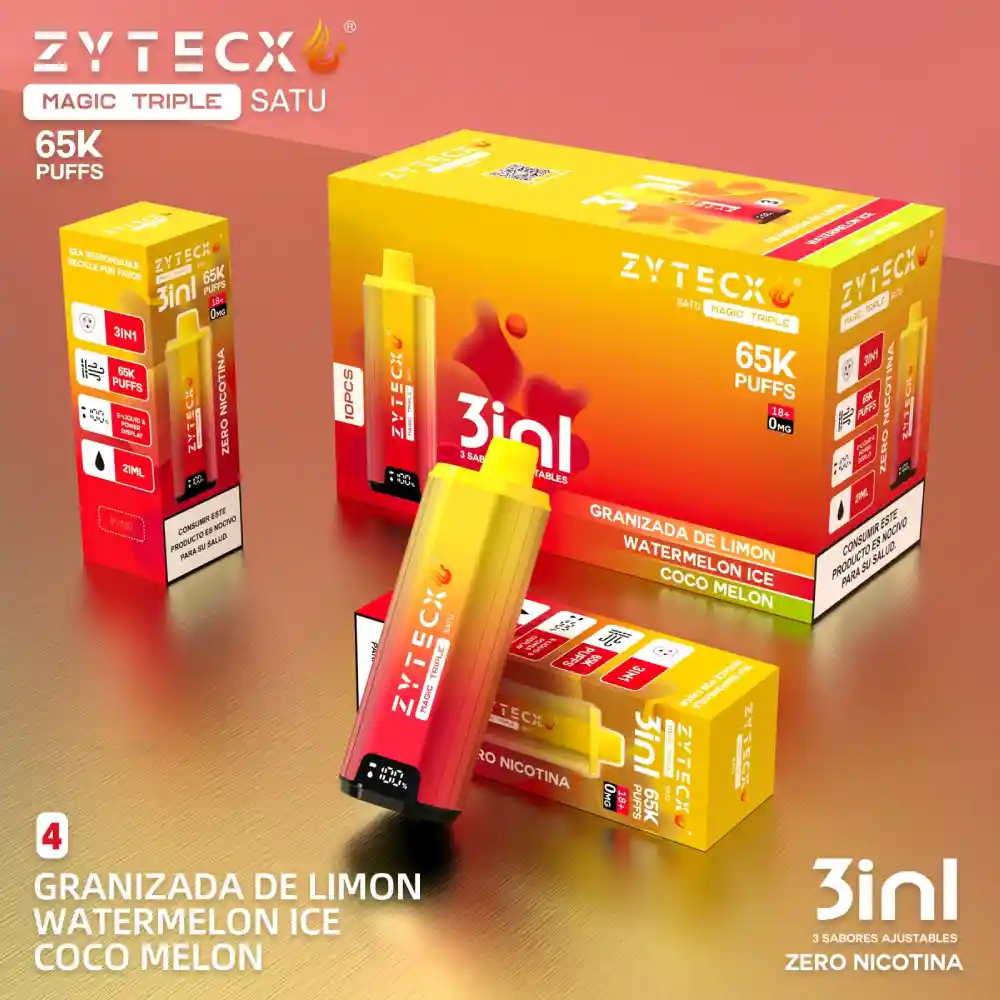 Vaper Desechable Zytecx Magic Triple 65000 Puffs 0mg , Granizada de limon, watermelon ice, coco melon, Vaper desechable triple sabor