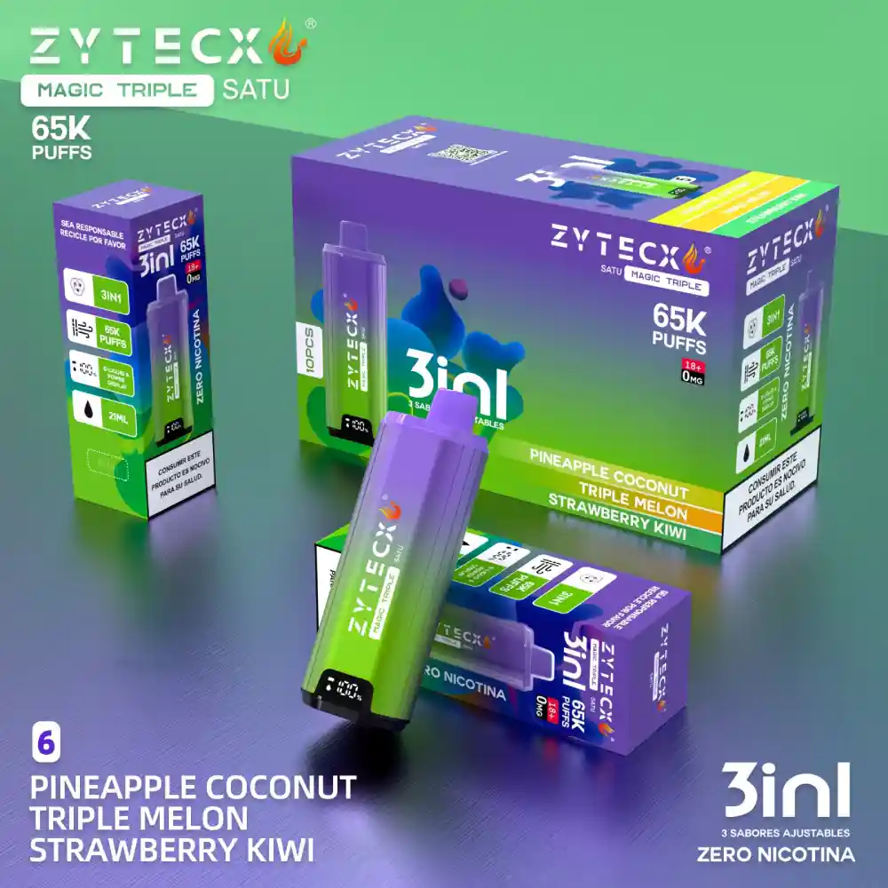 Vaper Desechable Zytecx Magic Triple 65000 Puffs 0mg, Pineapple coconut, triple melon, strawberry kiwi. Vaper desechable triple sabor