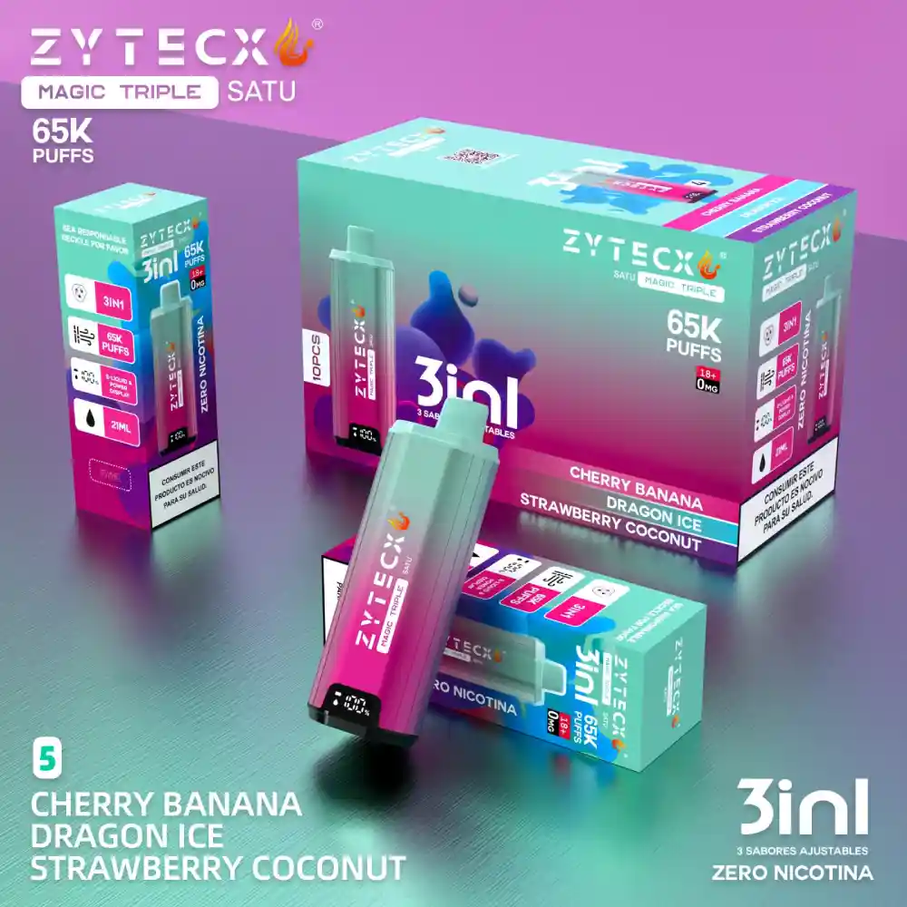 Vaper Desechable Zytecx Magic Triple 65000 Puffs 0mg cherry banana Dradon ice strawberry coconut