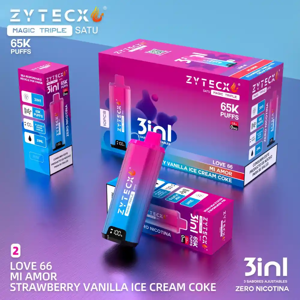Vaper Desechable Zytecx Magic Triple 65000 Puffs 0mg, love 66, mi amor, strawberry vanilla ice cream . Vaper desechable zytecx triple sabor en un dispositivo