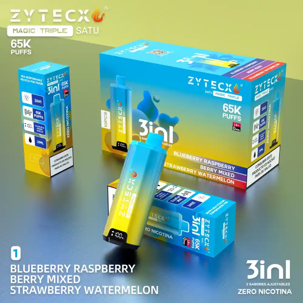 Vaper Desechable Zytecx Magic Triple 65000 Puffs con 3 sabores en un dispositivo_ Blueberry Raspberry, Berry Mixed y Strawberry Watermelon. Zero nicotina. (1)