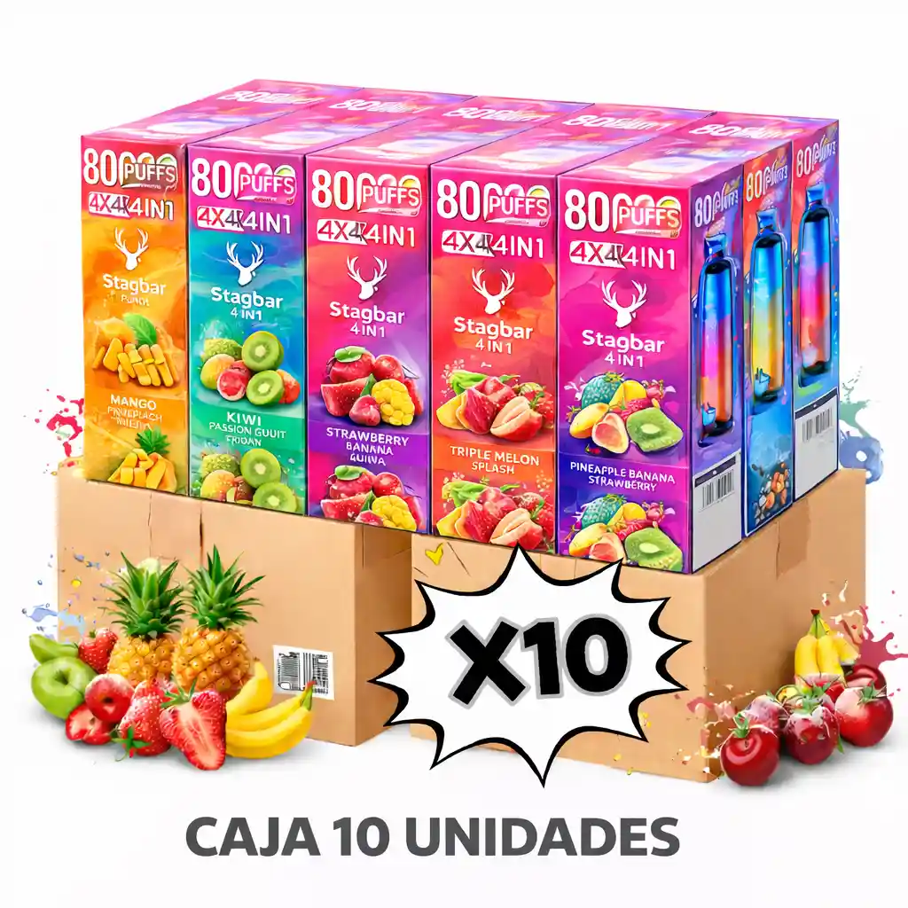 Haz tu caja Stag Bar 80000 puffs 4 sabores en 1 dispositivo eligiendo 10 unidades y sabores diferentes por tan solo 139€ Envío incluido (13,90€ por unidad )