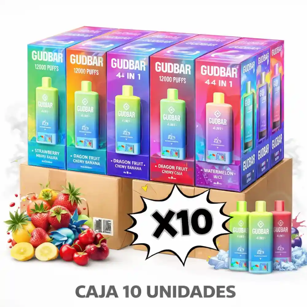 Caja de vapers desechables. caja gudbar 120000 Puffs 4 sabores en un dispositivo . Haz tu caja de vapers desechables con 10 unidades
