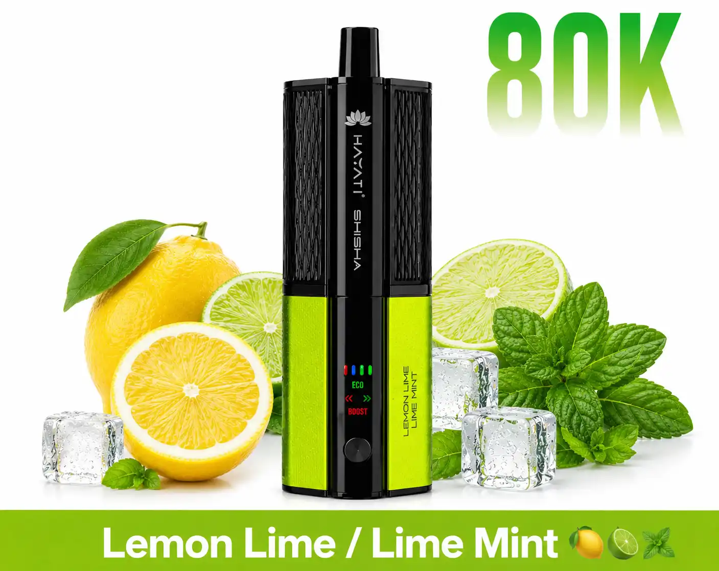 Pro Ultra+ Shisha 80000 Lemon Lime Lime Mint con cápsulas intercambiables y batería reutilizable. (1)