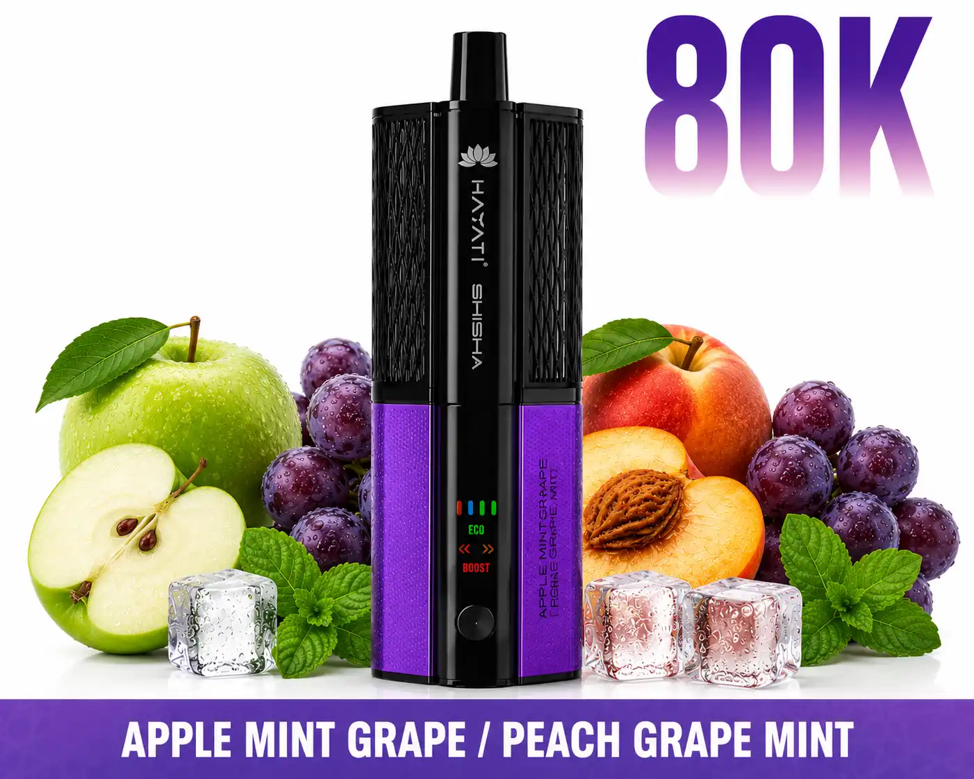 Pro Ultra+ Shisha 80000 Puffs Apple Mint Grape Peach Grape Mint con cápsulas intercambiables y batería reutilizable.