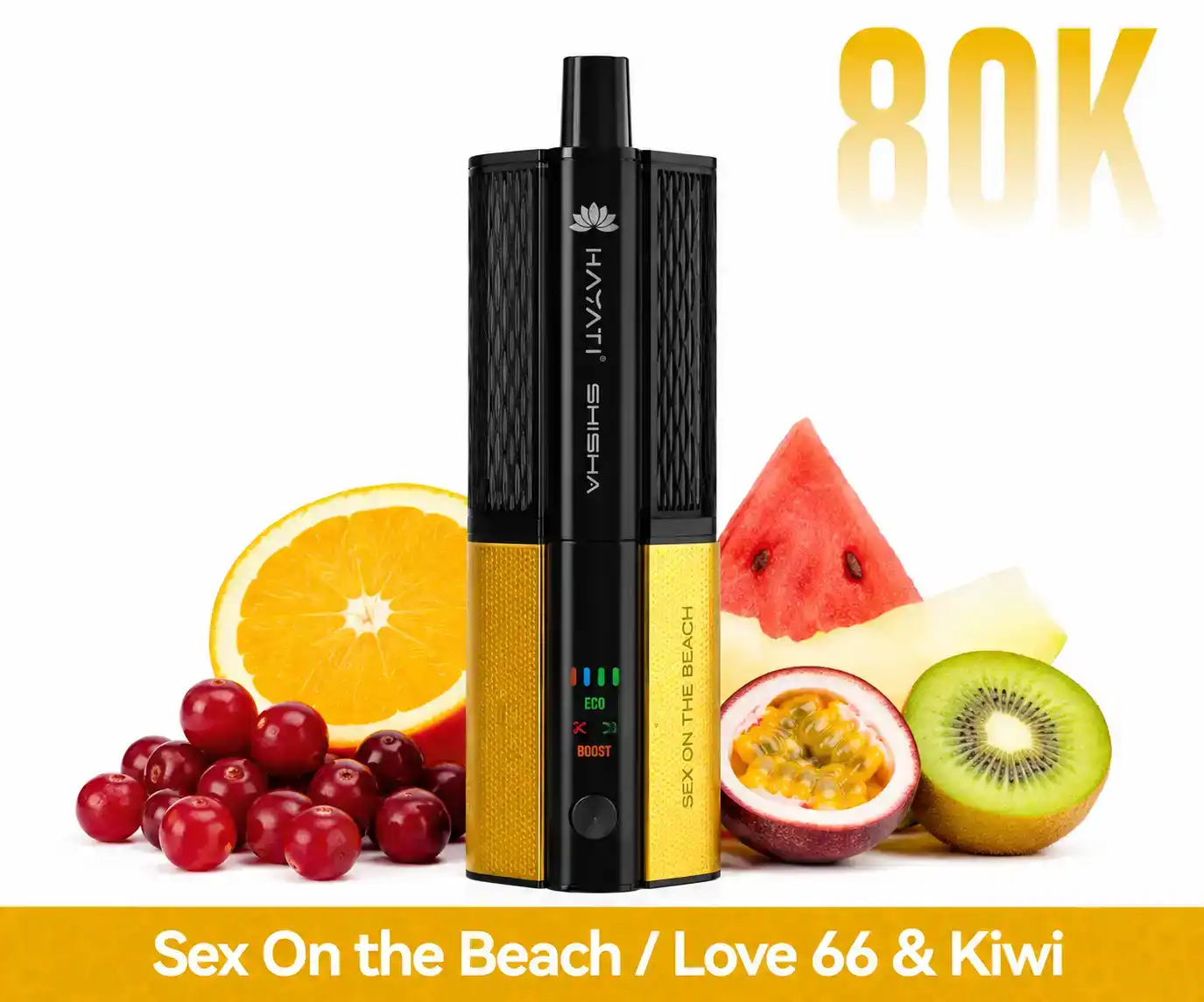 Pro Ultra+ Shisha 80000 Sex On The Beach Love 66 Kiwi con cápsula intercambiable y batería reutilizable.
