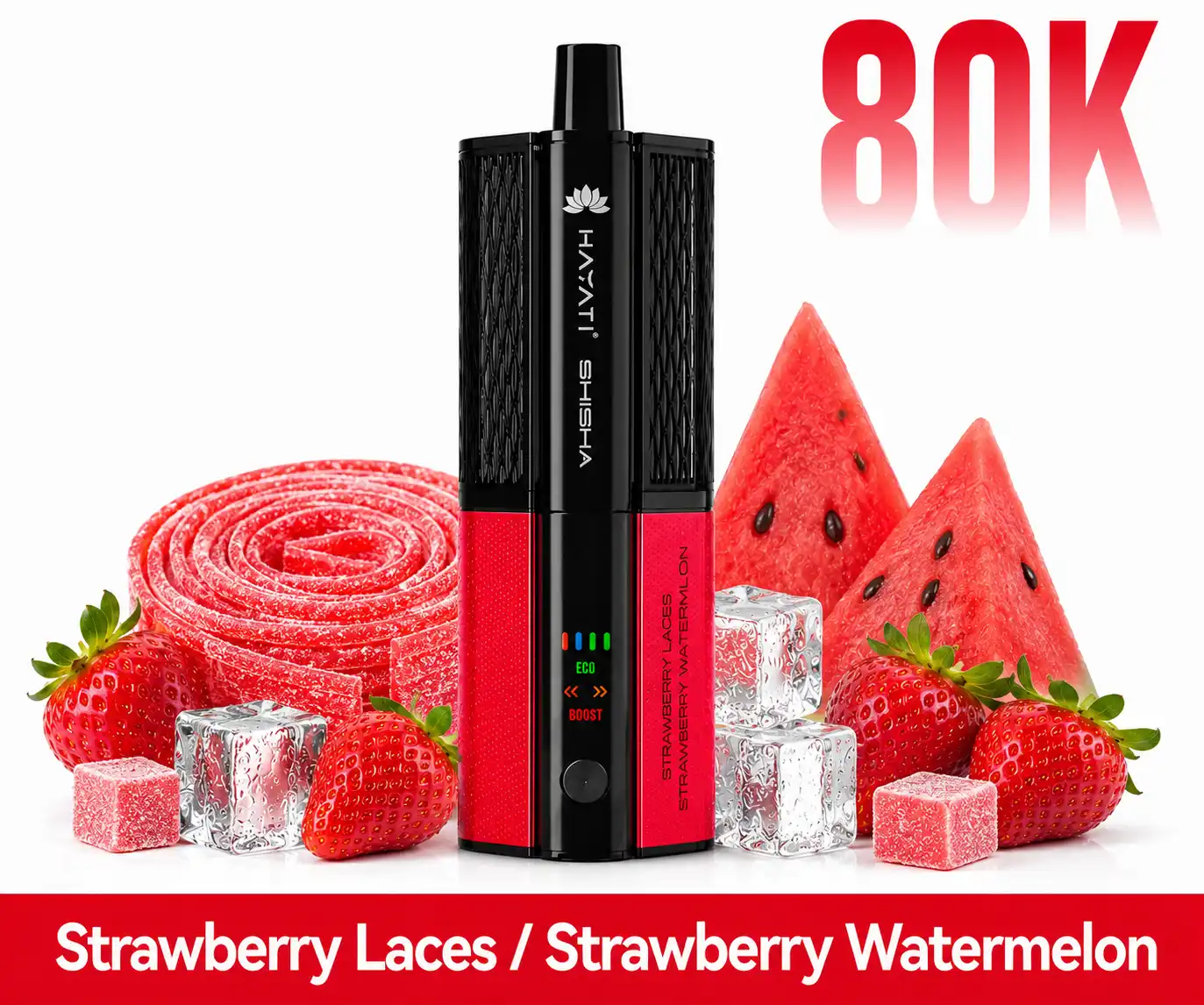 Pro Ultra+ Shisha 80000 Strawberry Laces Strawberry Watermelon con cápsulas intercambiables y batería reutilizable.