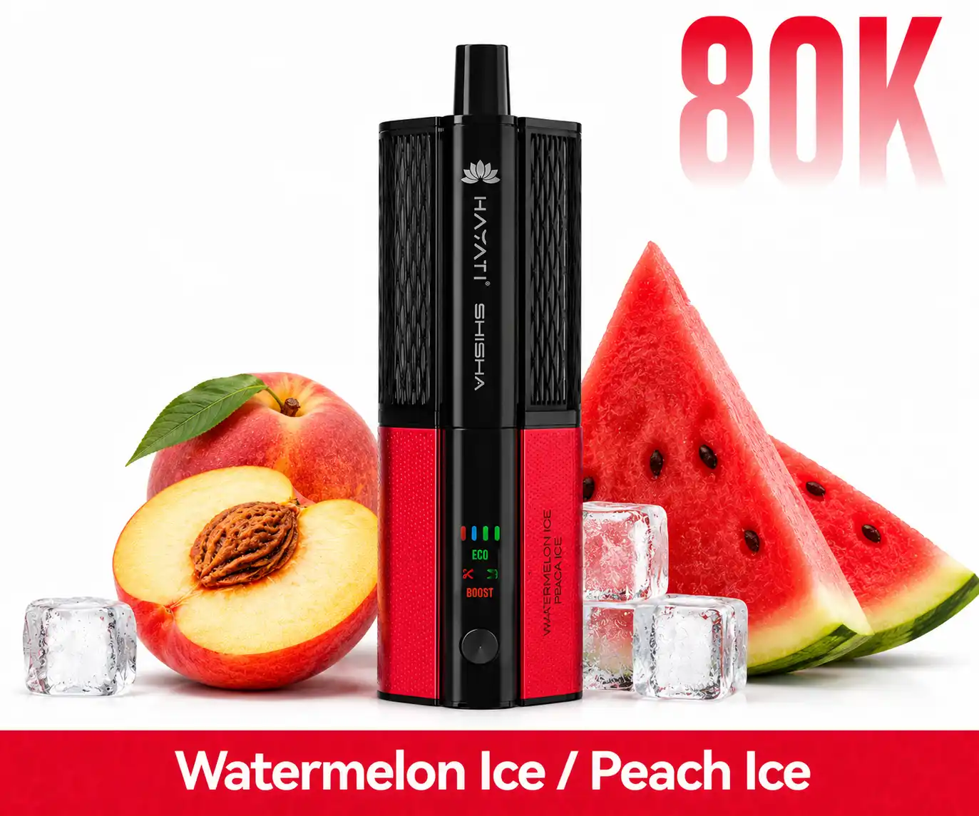 Pro Ultra+ Shisha 80000 Puffs Watermelon Ice Peach Ice con cápsulas intercambiables y batería reutilizable.